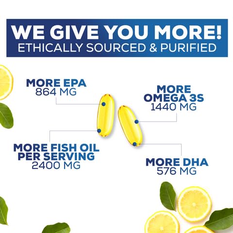 Omega 3 Fish Oil 2400 mg - Triple Strength Omega3, EPA & DHA Fatty Acids Supplement - Natural Support for Immune, Heart & Brain Health - Wild Caught, Non-GMO, Lemon Flavor, Burpless - 120 Softgels