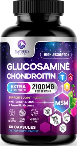 Glucosamine Chondroitin MSM Joint Supplement 2100mg - with Glucosamine Sulfate, Turmeric, Boswellia, Quercetin & Bromelain – Nature's Extra Strength Flexibility, Mobility & Joint Support, 60 Capsules