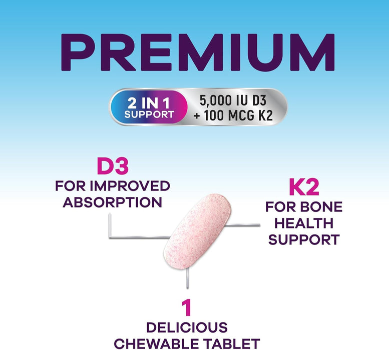 Vitamin D3 K2 - 5000 iu Vitamin D3 & 100 mcg Vitamin K2 (MK-7) Complex for Immune Support - Bone, Teeth & Muscle Health Support - Berry Chewable, Gluten Free, Non-GMO, Made in USA - 120 Tablets
