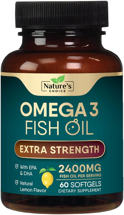 Omega 3 Fish Oil Supplement 2400 mg - Triple Strength EPA & DHA Fish Oil Omega 3, Essential Fatty Acids Supplement Softgels, Brain & Heart Health Support Supplements, Gluten Free Non-GMO, 60 Softgels