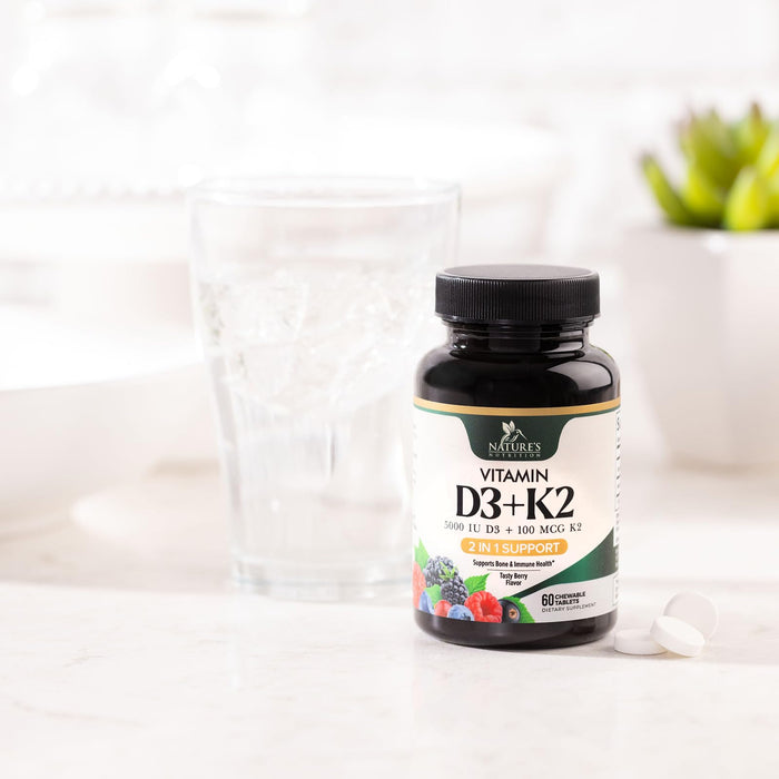 Vitamin D3 K2 Supplement | 5000 IU D3 + K2 100 mcg | MK-7 K2 with Vitamin D | Supports Immune, Heart, Teeth & Bone Health - Nature's Easy to Chew, VIT D3 K2, Non-GMO, Tasty Berry Flavor - 60 Tablets