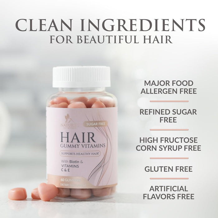 Sugar Free Hair Vitamins Gummies with Biotin 5000 mcg, Vitamin A, B12, C, D, E, Folic Acid, Supports Hair Growth Gummy, Vegetarian Friendly, Supports Strong Beautiful Hair and Nails - 60 Gummies