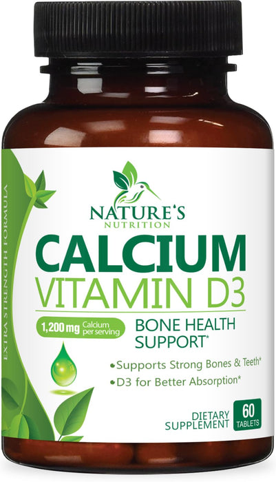 Calcium Supplement with Vitamin D - 1200 mg Calcium Carbonate with 1600 IU of D3 Vitamins - Supports Bone Strength, Teeth & Immune System - Natural & Easily Absorbable for Women & Men - 60 Tablets