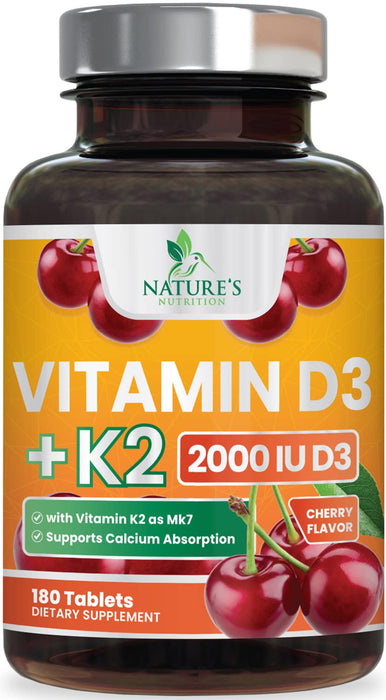 Vitamin D3 K2 2000 IU Plus with K2 (MK-7) 75 mcg - Vitamins D & K Complex Supplement for Bone, Teeth, Muscle, Calcium Absorption, Supports Immune & Heart Health, Non-GMO Chewable Formula - 180 Tablets