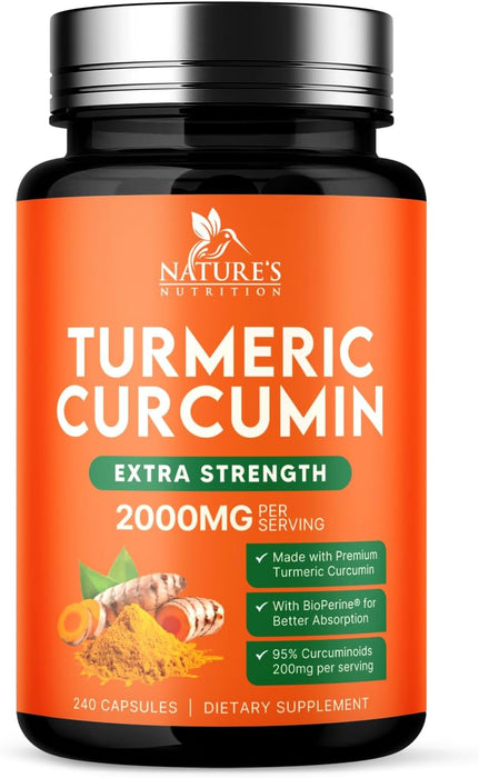 Turmeric Curcumin Supplement 2000mg - Nature's Joint & Immune Support, Organic Tumeric & BioPerine Black Pepper for Best Absorption with 95% Curcuminoids, Non-GMO, Bottled USA - 240 Count