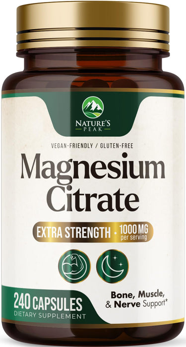 Magnesium Citrate 1000mg - High Absorption Magnesium Supplement Supports Muscle, Bone, Nerve & Heart Health - Extra Strength Magnesio Complex Pills - Non-GMO, Premium Energy Formula - 240 Capsules