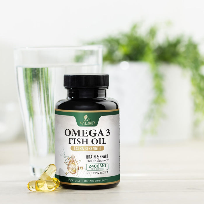 Omega 3 Fish Oil Supplements - 2400 mg Triple Strength Omega3, EPA & DHA with Essential Fatty Acids - Natural Immune, Brain & Heart Health Support - Gluten Free, Non-GMO, Wild Caught - 60 Softgels