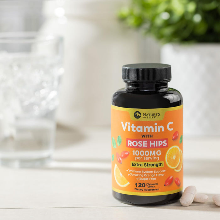 Vitamin C 1000mg Chewable Supplement - Extra Strength Immune Support Vitamin C Dietary Supplement with Rose HIPS, Nature's VitaminC Antioxidant Support, Natural, Vegan, Orange Flavor - 120 Tablets