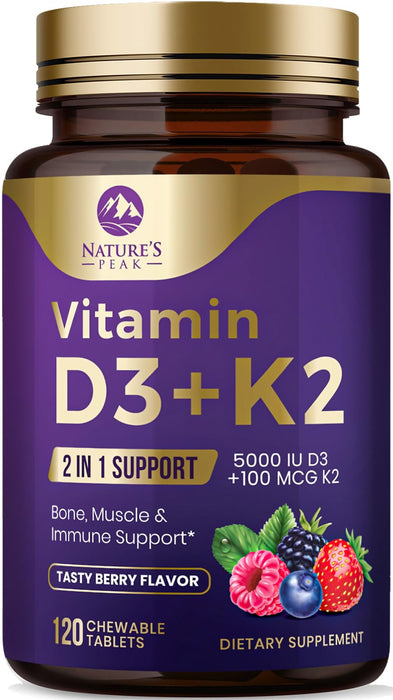 Vitamin D3 K2 - 5000 iu Vitamin D3 & 100 mcg Vitamin K2 (MK-7) Complex for Immune Support - Bone, Teeth & Muscle Health Support - Berry Chewable, Gluten Free, Non-GMO, Made in USA - 120 Tablets