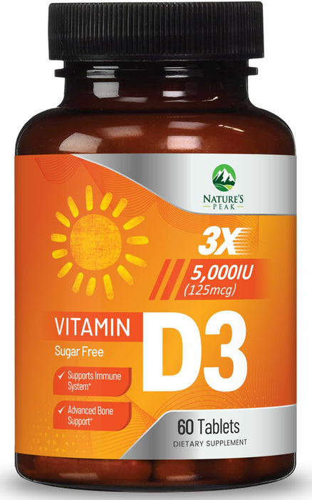 Vitamin D3 5000iu (125 mcg) Immune Health Support - High Potency Vitamin D Dietary Supplement for Bone, Teeth, Muscle - Nature's VIT D, Vegan, Gluten Free, Raspberry Flavor - 60 Chewable Tablets