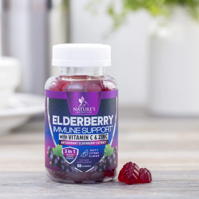 Immune Support Gummies - Sambucus Elderberry Gummy with Elder Berry Extract, Zinc & Vitamin C, Natural Vegan Immune Support Supplement for Adults & Children, Gummy Elderberry Vitamins - 60 Gummies