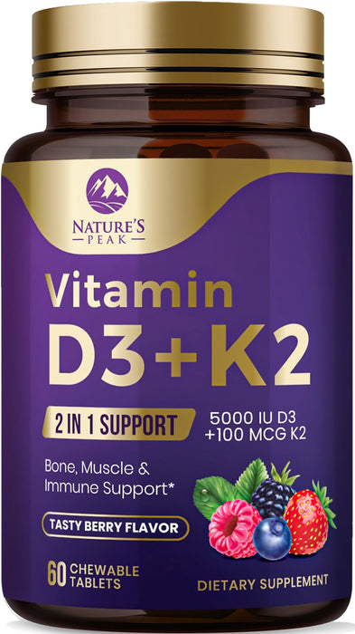 Vitamin D3 K2 - 5000 iu Vitamin D3 & 100 mcg Vitamin K2 (MK-7) Complex for Immune Support - Bone, Teeth & Muscle Health Support - Berry Chewable, Gluten Free, Non-GMO, Made in USA - 60 Tablets