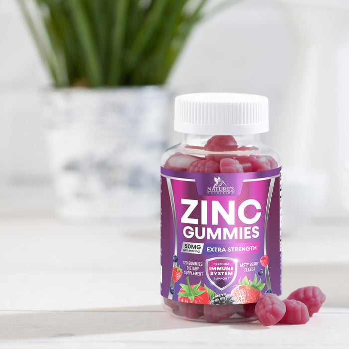 Zinc Gummies 50mg - Bone Skin & Immune Support Health Gummy & Premium Antioxidant Chewable for Adults - High Absorption Vegan, Gluten Free Zinc Supplements Vitamin - Tasty Berry Flavor - 120 Gummies