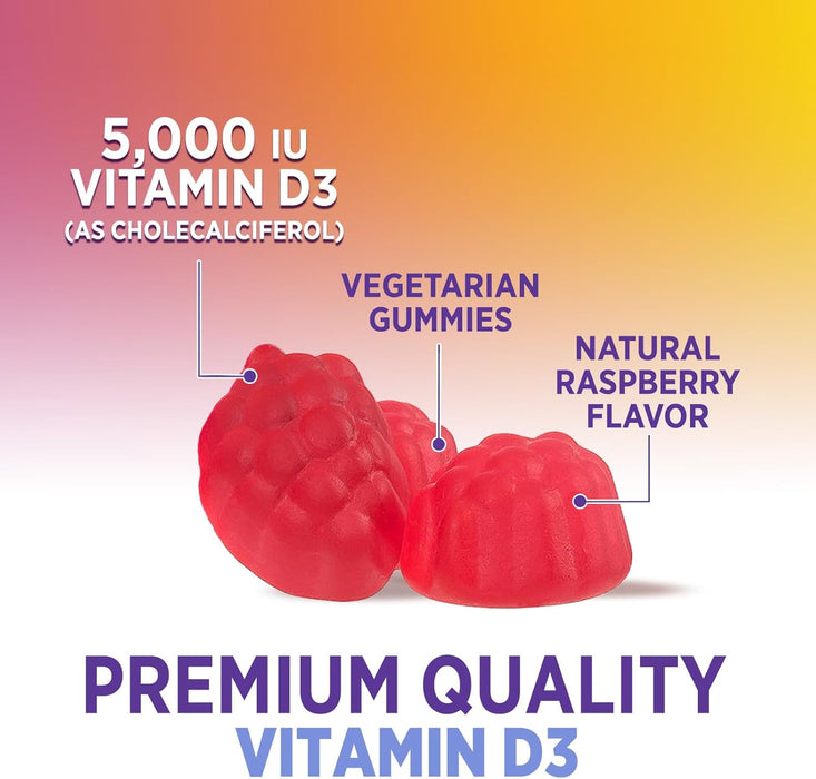 Vitamin D3 Gummies 5000 IU (125 mcg) - Extra Strength Immune Support, Bone, Teeth and Muscle Vitamin D Gummy Dietary Supplement, Nature's Berry D Vitamin Supplement, Raspberry, Non-GMO - 120 Gummies