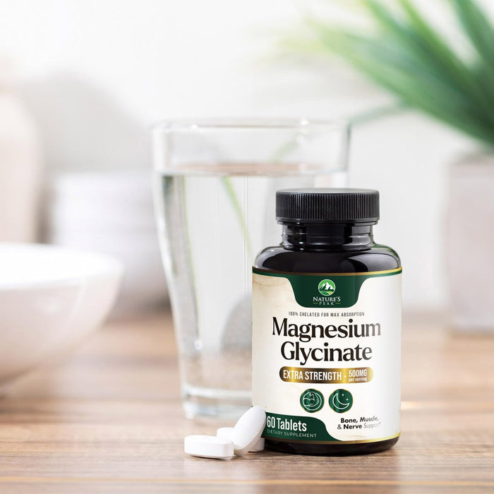 Magnesium Glycinate 500mg - Chelated for Ultra Absorption - Supports Bone, Muscle, Nerves & Heart Health, Nature's Sleep Support, Best Magnesium Supplement Pills for Whole Body Support - 60 Tablets