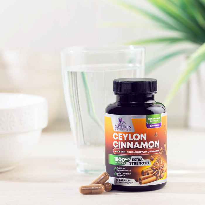 Organic Ceylon Cinnamon Supplement 1800mg - Certified Organic Ceylon Cinnamon Powder Pills - Energy & Heart Support for Women & Men, Bottled in USA, Antioxidant, Gluten Free, Non-GMO - 60 Capsules