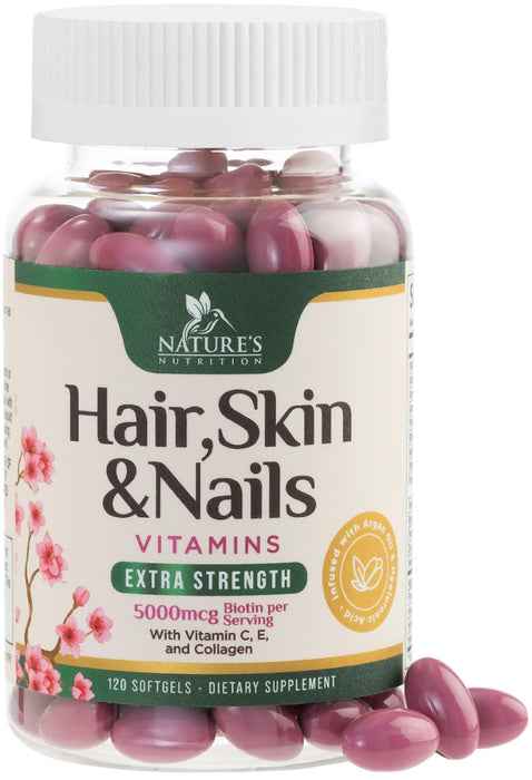 Hair Vitamins Biotin 5000 mcg Collagen for Hair Skin and Nails Vitamin Nature's, Supports Supplement Fast Fuller Thicker Healthy Growth Support, with Hyaluronic Acid Women & Men, Non-GMO, 120 Softgels