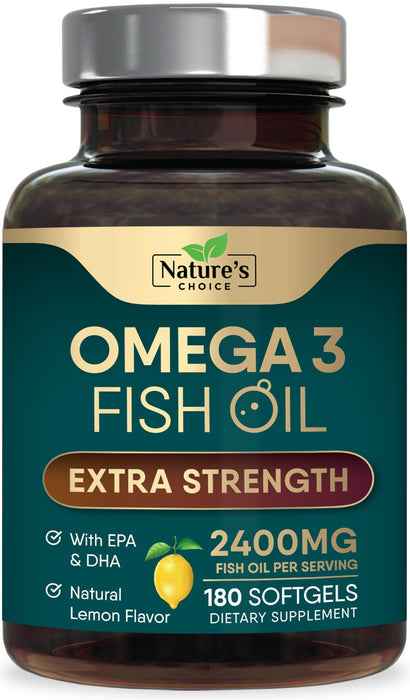 Omega 3 Fish Oil Supplement 2400 mg - Triple Strength EPA & DHA Fish Oil Omega 3, Essential Fatty Acids Supplement Softgels, Brain & Heart Health Support Supplements, Gluten Free Non-GMO, 180 Softgels