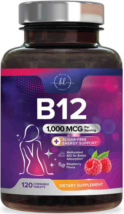 B 12 Vitamin Chewables 1000 mcg - B12 Complex with Heart & Nerve Energy Health Support - Vitamin B-12 Complex for Adults with Immune Health Support - Gluten & Sugar Free - 120 Chewables