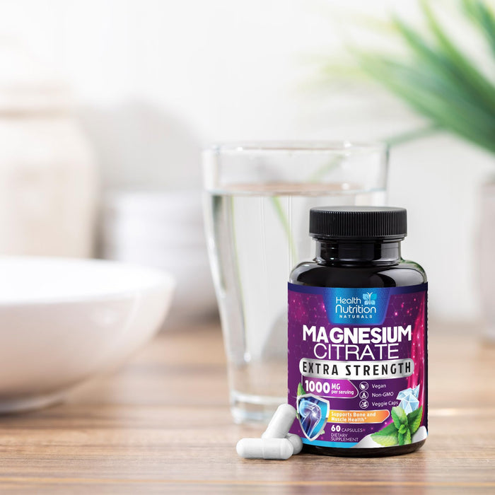 Magnesium Citrate Capsules 1000mg - Max Absorption Magnesium Powder for Muscle, Nerve, Bone and Heart Health Support, High Absorption Citrate Complex, Gluten Free, Non-GMO - 60 Capsules