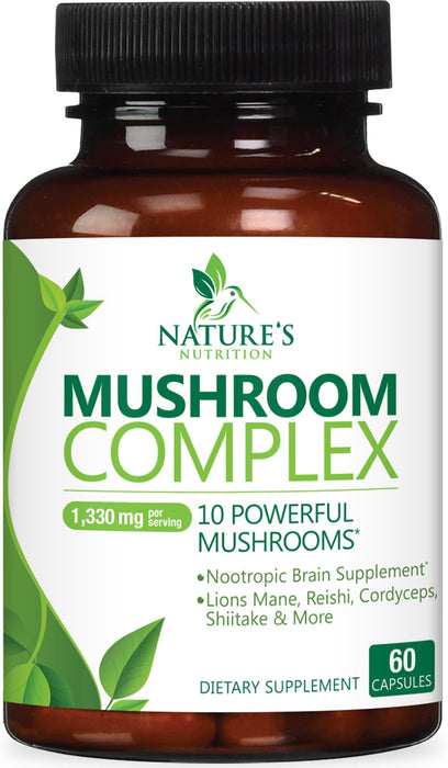 Mushroom Supplement Nootropic 1330mg - 10 in 1 High Strength Brain Supplements Mushroom Complex with Lions Mane, Turkey Tail, Reishi, Cordyceps & Chaga for Memory, Brain & Focus Support - 60 Capsules