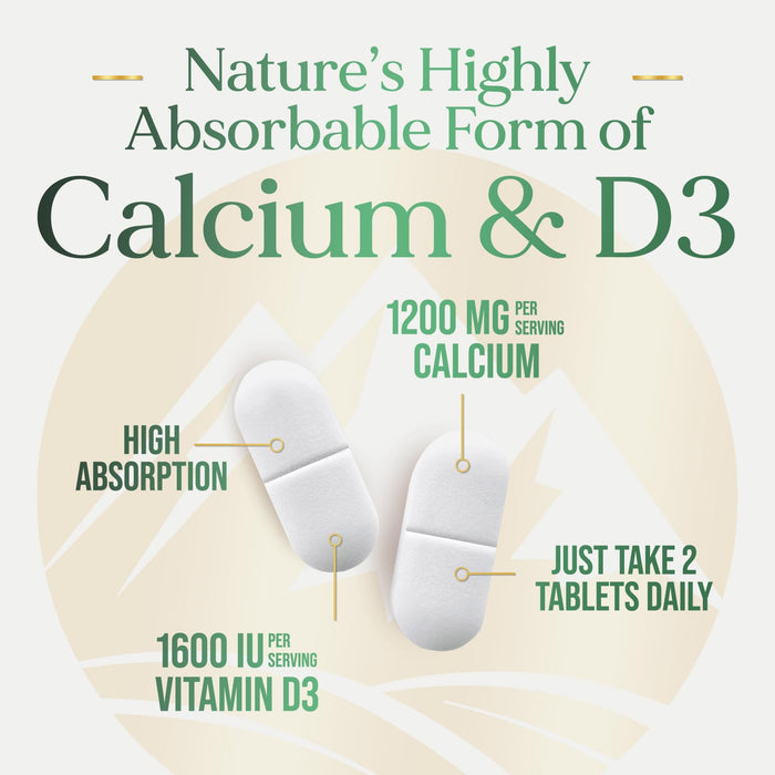 Calcium 1200 mg with Vitamin D3 (1600 IU), Calcium Supplement Vitamins, Bone, Teeth & Immune Health Support, Calcium Supplements with D for Women & Men, Nature's Absorbable Carbonate - 120 Tablets