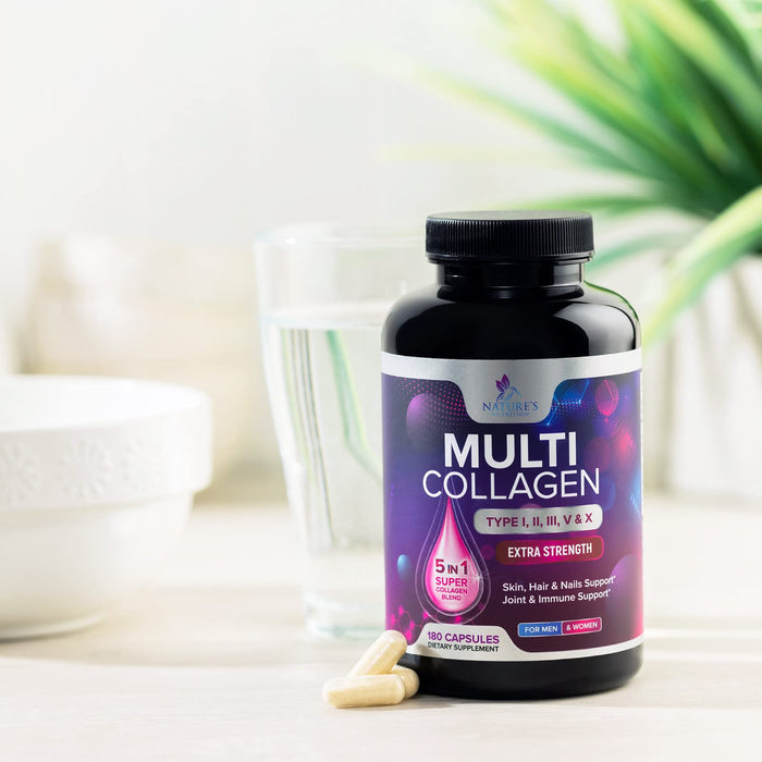 Multi Collagen Peptides Supplement - Hydrolyzed Types I, II, III, V & X Multi Collagen Pills, Hydrolyzed Collagen Peptides Supplements, Hair, Skin, Nail, and Joint Support Supplement, 180 Capsules