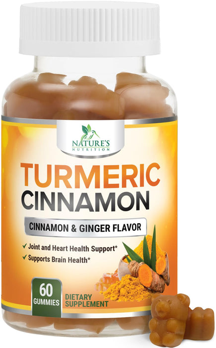 Turmeric Curcumin Supplement Gummies with Ginger & Cinnamon, 95% Curcuminoids Turmeric Curcumin Gummy with Black Pepper for Best Absorption, Nature's Vegan Joint Support Tumeric, Non-GMO, 60 Gummies