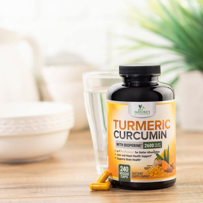 Turmeric Curcumin Supplement with BioPerine 95% Curcuminoids 2600mg with Black Pepper for Best Absorption, Bottled in USA, Best Natural Vegan Joint Support, Nature's Non-GMO Tumeric - 240 Capsules