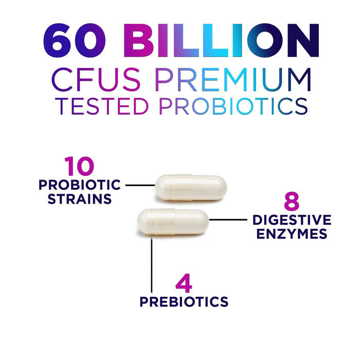 Probiotics 60 Billion CFU - 10 Strains + Digestive Enzymes & Prebiotics - Best Probiotic for Women & Men, Supports Immune, Gut Health, Occasional Constipation, Diarrhea, Gas & Bloating - 120 Capsules