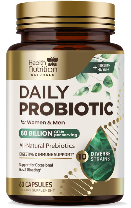 Probiotics 60 Billion CFU + 10 Strains - Daily Probiotic Lactobacillus Blend for Immune, Digestive & Gut Health Support, Prebiotics and Probiotics, Gas & Bloating for Women & Men - 60 Capsules