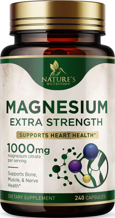 Magnesium Supplement (Citrate Oxide) 1000mg for Best Absorption, Supports Bone, Heart Health, Nerves, Muscles & Metabolism, Nature's Pure Magnesio Vitamin Pills, Bottled in USA, 240 Capsules