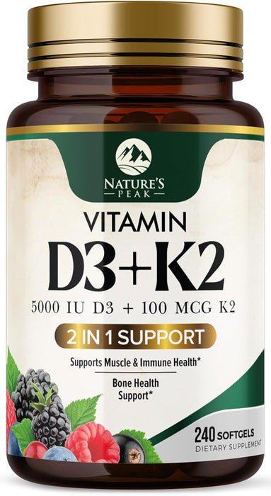 D3 K2 Vitamin 5000 IU | 2-in-1 Vitamin D 5000iu & Mk7 Vitamin K 100 mcg Dietary Supplement for Bone & Immune Support, Bottled in USA, Easy to Swallow, Gluten Free, Non-GMO I 240 D3K2 Complex Softgels