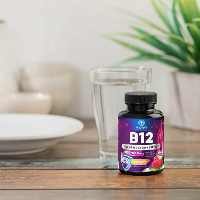 Vitamin B12 1000 mcg (Methylcobalamin) Super B 12 Complex Dietary Supplement for Energy & Immune Support, Vegan, Sugar-Free, Sublingual, Tasty Raspberry Flavor - 60 Chewable Tablets, 60 Day Supply