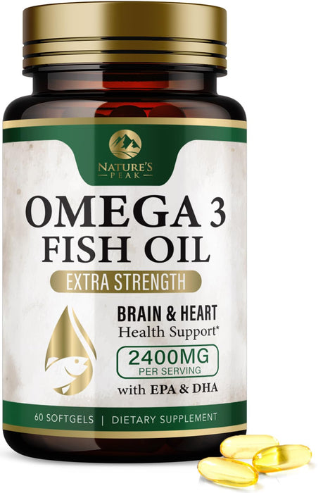 Omega 3 Fish Oil Pills 2400mg - Triple Strength Omega 3 Fish Oil Supplements - Best EPA & DHA Fatty Acids for Brain & Heart Health Support, Nature's Omega3 Supplement, 30 Day Supply - 60 Softgels