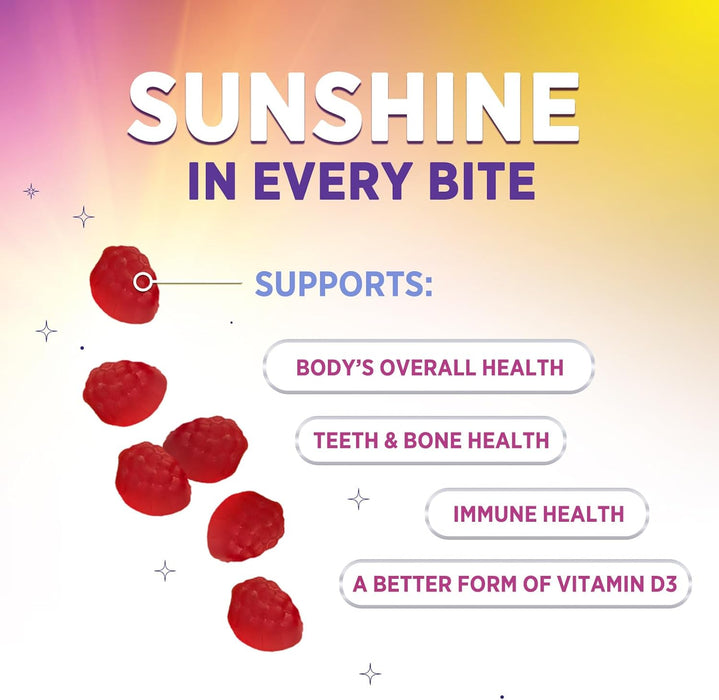 Vitamin D3 Gummies 5000 IU (125 mcg) - Extra Strength Immune Support, Bone, Teeth and Muscle Vitamin D Gummy Dietary Supplement, Nature's Berry D Vitamin Supplement, Raspberry, Non-GMO - 60 Gummies