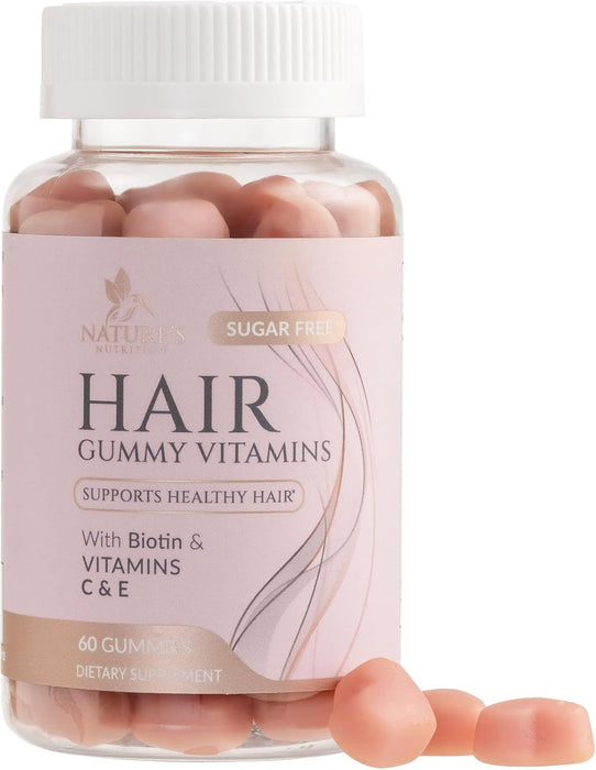 Sugar Free Hair Vitamins Gummies with Biotin 5000 mcg, Vitamin A, B12, C, D, E, Folic Acid, Supports Hair Growth Gummy, Vegetarian Friendly, Supports Strong Beautiful Hair and Nails - 60 Gummies