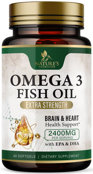 Omega 3 Fish Oil Supplements - 2400 mg Triple Strength Omega3, EPA & DHA with Essential Fatty Acids - Natural Immune, Brain & Heart Health Support - Gluten Free, Non-GMO, Wild Caught - 60 Softgels