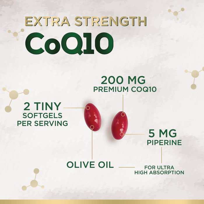 CoQ10 200mg Softgels - Extra Strength Coenzyme Q10 Supplement With Black Pepper Extract for Enhanced Absorption, CoQ10 Antioxidant Supplements for Heart Health & Cellular Energy Support - 240 Softgels
