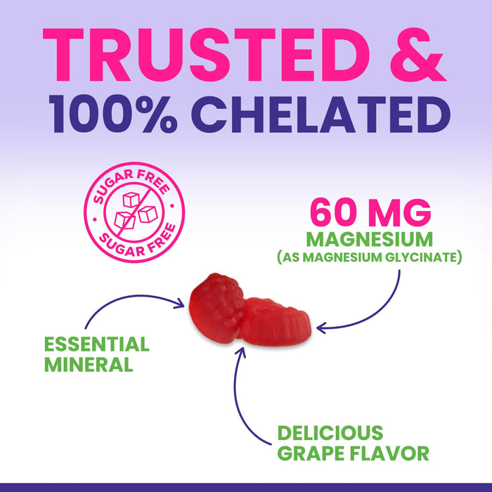 Magnesium Glycinate Supplement Gummies - Magnesium Supplement with Bone Muscle Heart Health & Sleep Support - Gentle on Stomach & Chelated for Max Absorption - Grape Flavor & Sugar Free - 60 Gummies