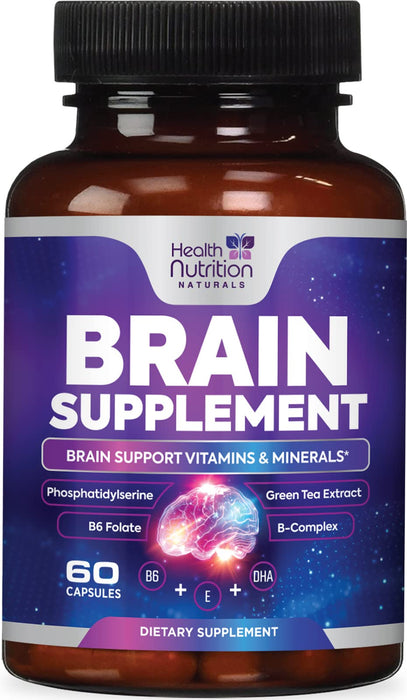 Brain Supplements for Memory and Focus - Extra Strength Nootropic Capsules for Concentration, Alertness, Cognitive Support - Phosphatidylserine, Brain Health Vitamins B6 C E Zinc - 60 Capsules