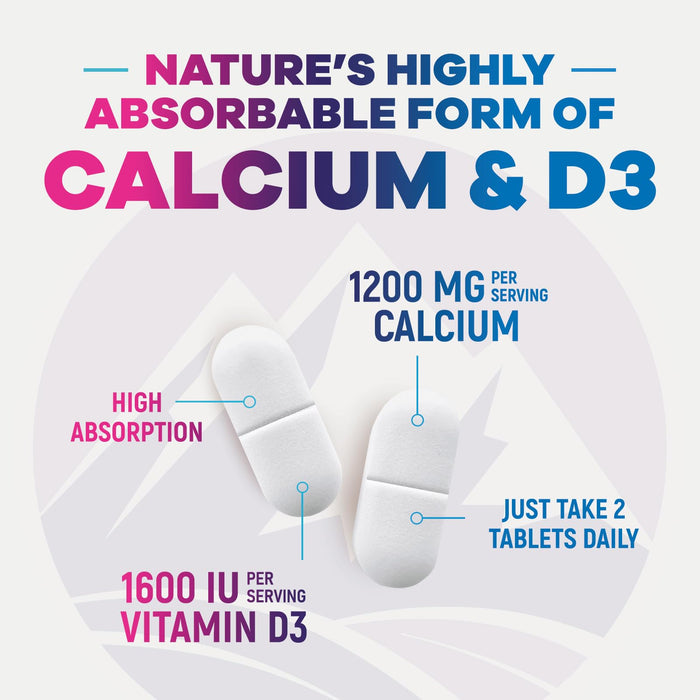 Calcium 1200 mg with Vitamin D3, Calcium Supplement Vitamins, Bone, Teeth & Immune Health Support, Calcium Supplements with D for Women & Men, Nature's Absorbable Calcium Carbonate - 60 Tablets