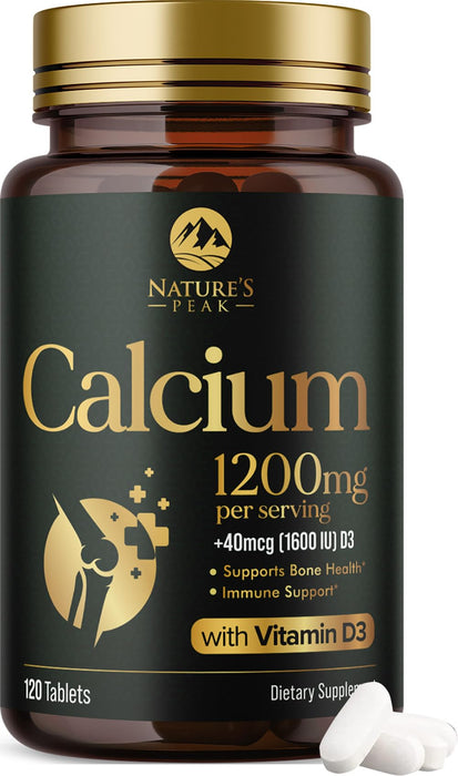 Calcium 1200 mg with Vitamin D3 (1600 IU), Calcium Supplement Vitamins, Bone, Teeth & Immune Health Support, Calcium Supplements with D for Women & Men, Nature's Absorbable Carbonate - 120 Tablets
