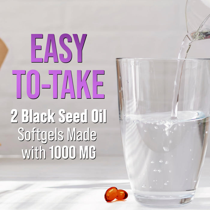 Black Seed Oil Capsules 1000mg with Thymoquinone - Pure Nigella Sativa for Skin Health & Immune Support, 100% Blackseed Oil, Amazing Extraction Above Cold Pressed Black Cumin Seed - 60 Softgels