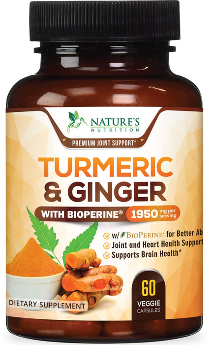 Turmeric Curcumin Supplement 1950mg - 95% Curcuminoids with Organic Turmeric & Ginger, BioPerine Black Pepper for Best Absorption, Nature's Vegan Joint Support, Non-GMO, Bottled in USA - 60 Capsules