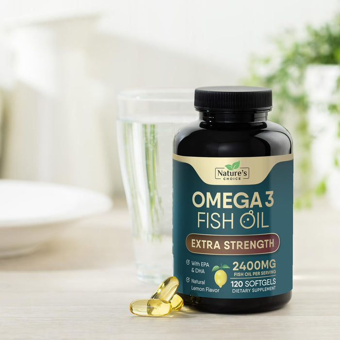 Omega 3 Fish Oil Supplement 2400 mg - Triple Strength EPA & DHA Fish Oil Omega 3, Essential Fatty Acids Supplement Softgels, Brain & Heart Health Support Supplements, Gluten Free Non-GMO, 120 Softgels