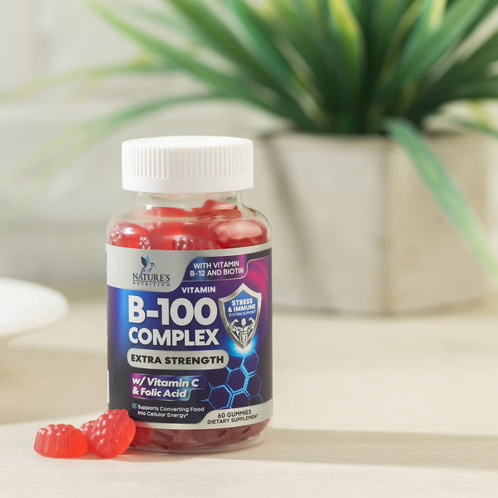 B Complex Supplement Gummies with Vitamin C & Folic Acid, Extra Strength Super Vitamin B Gummy with Niacin, B6, Folic Acid, B12, Biotin, Nature's Energy Immune Support Supplements - 60 Gummies