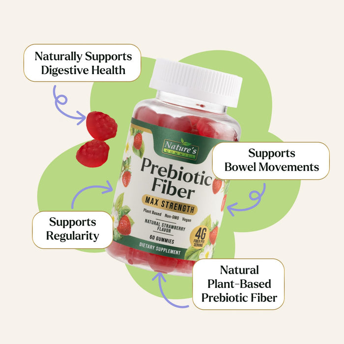 Fiber Gummies for Digestive Health & Regularity Support, Fiber 4g Gummy for Adults, Daily Prebiotic Supplements Blend, Natural Prebiotics Extra Strength Gummy, Added Fruit Flavor - 60 Gummies