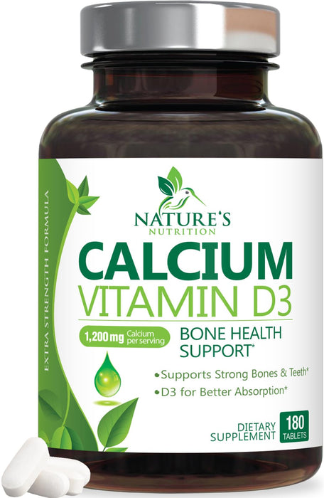 Calcium Supplement with Vitamin D - 1200 mg Calcium Carbonate with 1600 IU of D3 Vitamins - Supports Bone Strength, Teeth & Immune System - Natural & Easily Absorbable for Women & Men - 180 Tablets