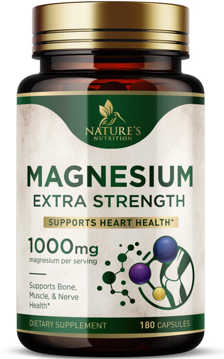 Magnesium Supplement (Citrate Oxide) 1000mg for Best Absorption, Supports Bone, Heart Health, Nerves, Muscles & Metabolism, Nature's Pure Magnesio Vitamin Pills, Bottled in USA, 180 Capsules
